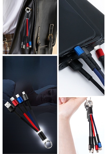 Zmc Bilişim Işıklı Anahtarlık Model 3 İn 1 Usb Çıkışlı Mikro,type-c Ve İphone Uyumlu Şarj Kablosu