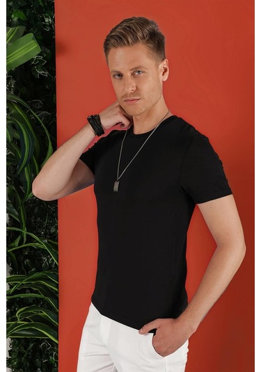 Slim Fit Bisiklet Yaka Düz Pamuklu Siyah Tişört Ts 823 Siyah