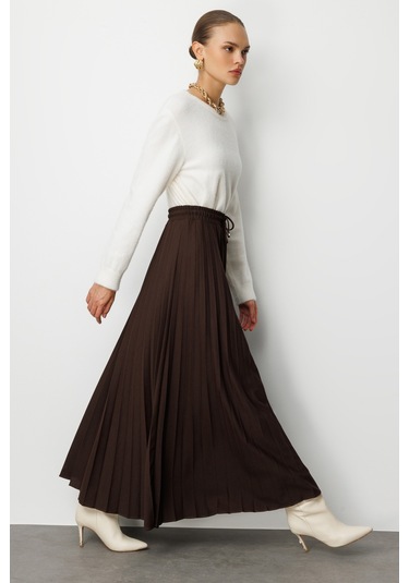 Mizalle Örme Krep Piliseli Maksi Kahverengi Etek Kahverengi