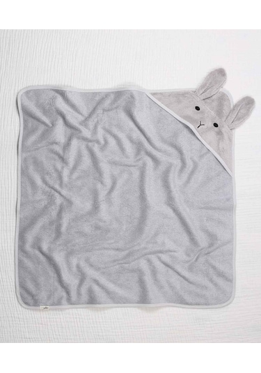 Cigit Kulaklı Tavşan Nakışlı Bebek Banyo Havlusu 75x75 Cm Gri 75 x 75