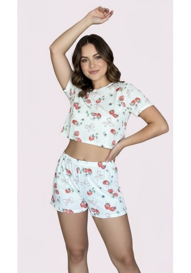 Merlot T-shirt Şort Örme Pijama Takımı Beyaz