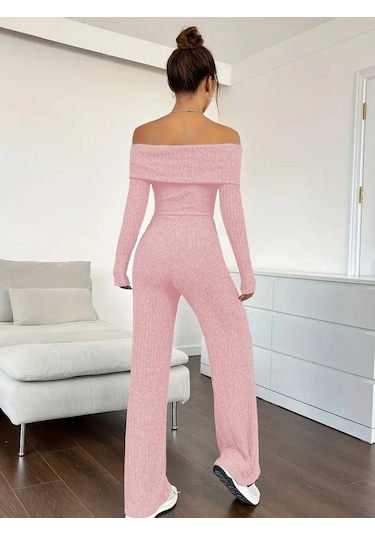 Ge Ticaret Kadın Uzun Kollu Madonna Yaka Şardonlu Kaşkorse Tulum Pembe