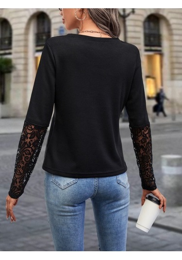 Tua Moda Kadın Uzun Kollu V Yakalı Dantelli Waffle Bluz Siyah