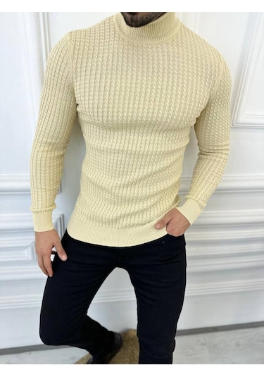 Kazak Slim Fit Tüylenmez Naturel Pamuk Triko Boğazlı Balıkçı Yaka Kazak Krem