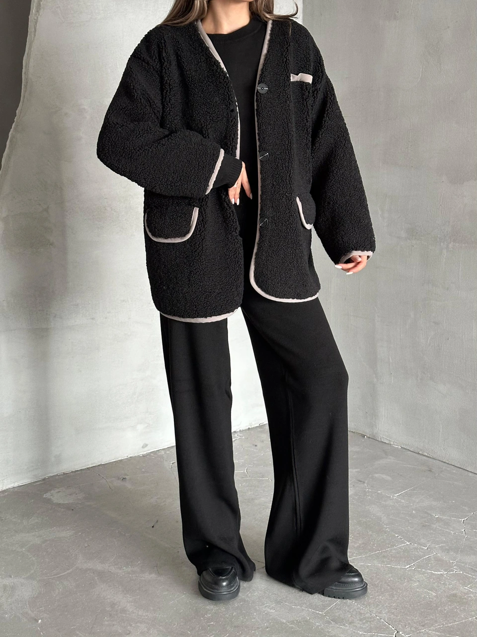 Siyah Oakland Şerit Detaylı Bürümcük Ceket Siyah