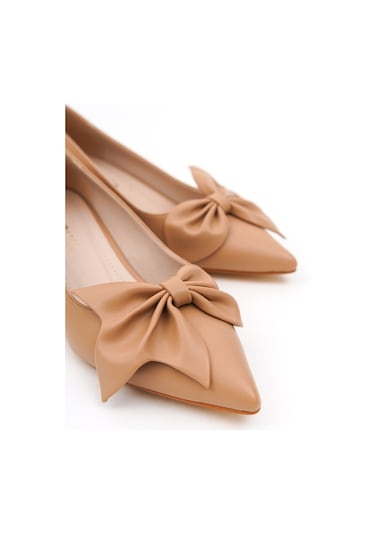 Camila Nude Fiyonklu 4cm Sivri Burun Topuklu Ayakkabı Ten Rengi