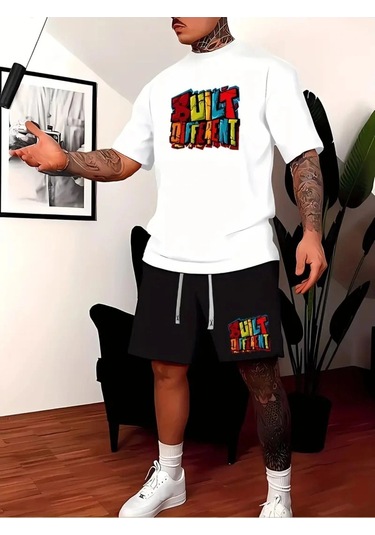 Startmore Erkek Beyaz''renkli Built Different Baskılı'' Basic Oversize T-shirt- Şort Takım Strup0000000000014 Beyaz