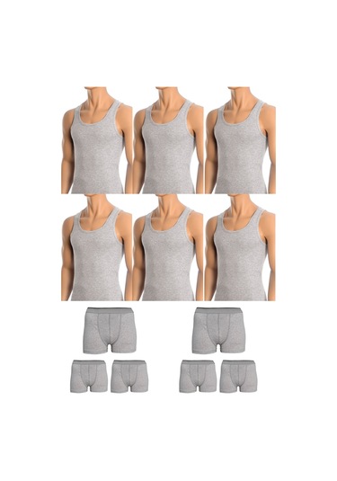 Erkek Pamuklu 6'lı Gri Atlet Ve 6'lı Gri Boxer 12 Parça Set