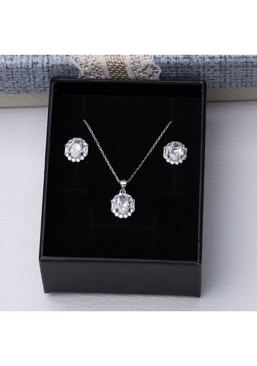 5-8 Mm Oval Zirkon Taşlı 925 Ayar Gümüş Kadın 2'li Set Gümüş