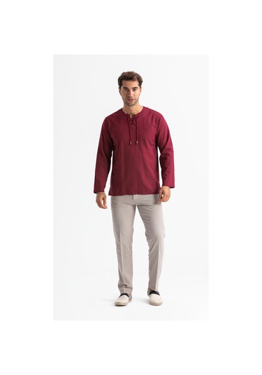 Uzun Kol Şile Bezi Zımbalı Erkek Tshirt Koyu Bordo 3068 Koyu Bordo