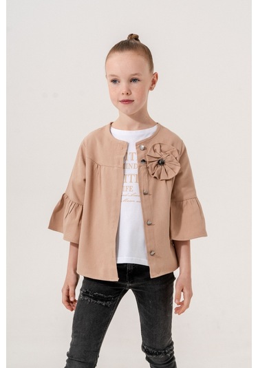 Kız Çocuk Çiçek Gömlekli İkili Kız Takım 3127 Bej