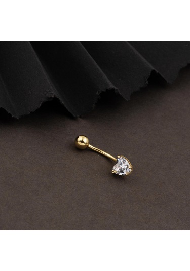 Kalp Tektaşlı Altın Göbek Piercing 14 Ayar Sarı