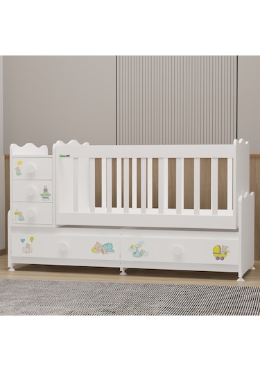 Garaj Home Melina Mdf Çıtalı Beşik + Yatak + Uyku Seti - Ayıcık Beyaz