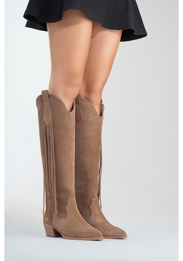 Rios Toprak Hakiki Deri Süet Püsküllü Kadın Kalın Topuklu Çizme Toprak