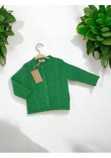 Kız Bebek Örgü Düğmeli Hırka-14890 Yeşil