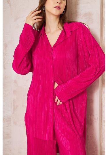 Kadın Pliseli Beli Lastikli Pantolon Tunik Gömlek Ikili Bürümcük Salaş Takım 3573300 Fuşya