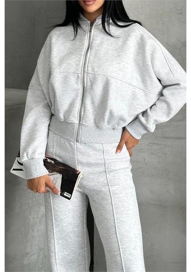 Neşeli Butik Kadın Pamuklu Kışlık Rahat Kesim Eşofman Takımı Nbg112 Gri
