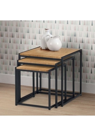 Chev 3'lü Retro Metal Doğal Ahşap Zigon Sehpa Siyah