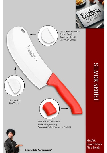Lazbisa MFT-525 Silver Serisi Pide Börek Bıçağı Mutfak Bıçak Salata Pizza Bıçağı Kırmızı