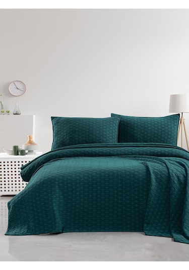 Elvira Yatak Örtüsü Seti Çift Kişilik Koyu Yeşil Kutulu Yeşil
