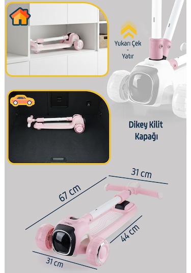 Prego Flow Müzikli Işıklı Oturaklı Çocuk Scooter Katlanabilir - Yükseklik Ayarlı Pembe