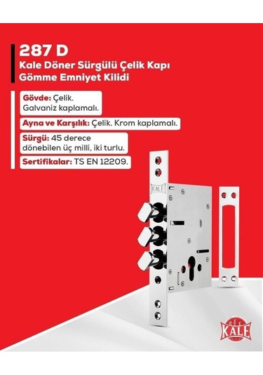 Kale 287d Döner Sürgülü Plus Çelik Kapı Emniyet Kilidi Mandallı German Barelli