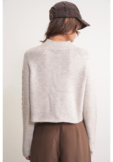 6855 Kadın Dik Yaka Saç Örgülü Triko Kazak Taş Taş