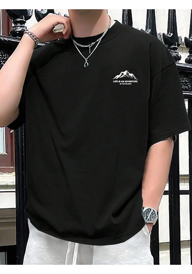 Guılanerkek Yazlık %100 Pamuk Rahat Gevşek Mektup Dağ Baskılı Kısa Kollu Tişörtbej Bej