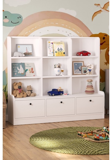 Bofigo 3 Kapaklı 9 Raflı Dolap Kitaplık Çok Amaçlı Dolap Oyuncak Dolabı Demet Beyaz Beyaz