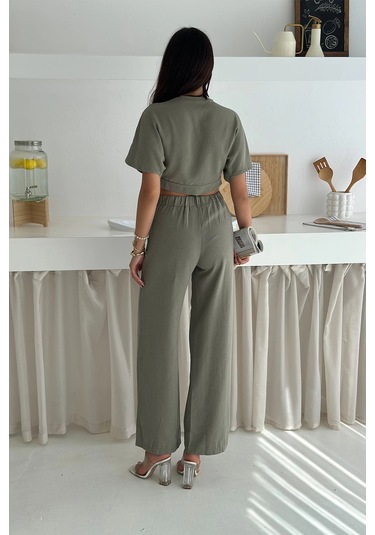 Düğme Detaylı İkili Takım Haki Haki