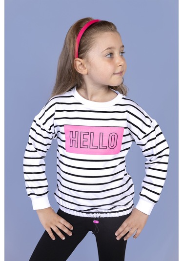 Toontoy Kız Çocuk Çizgi Desenli Baskılı Sweatshirt Beyaz