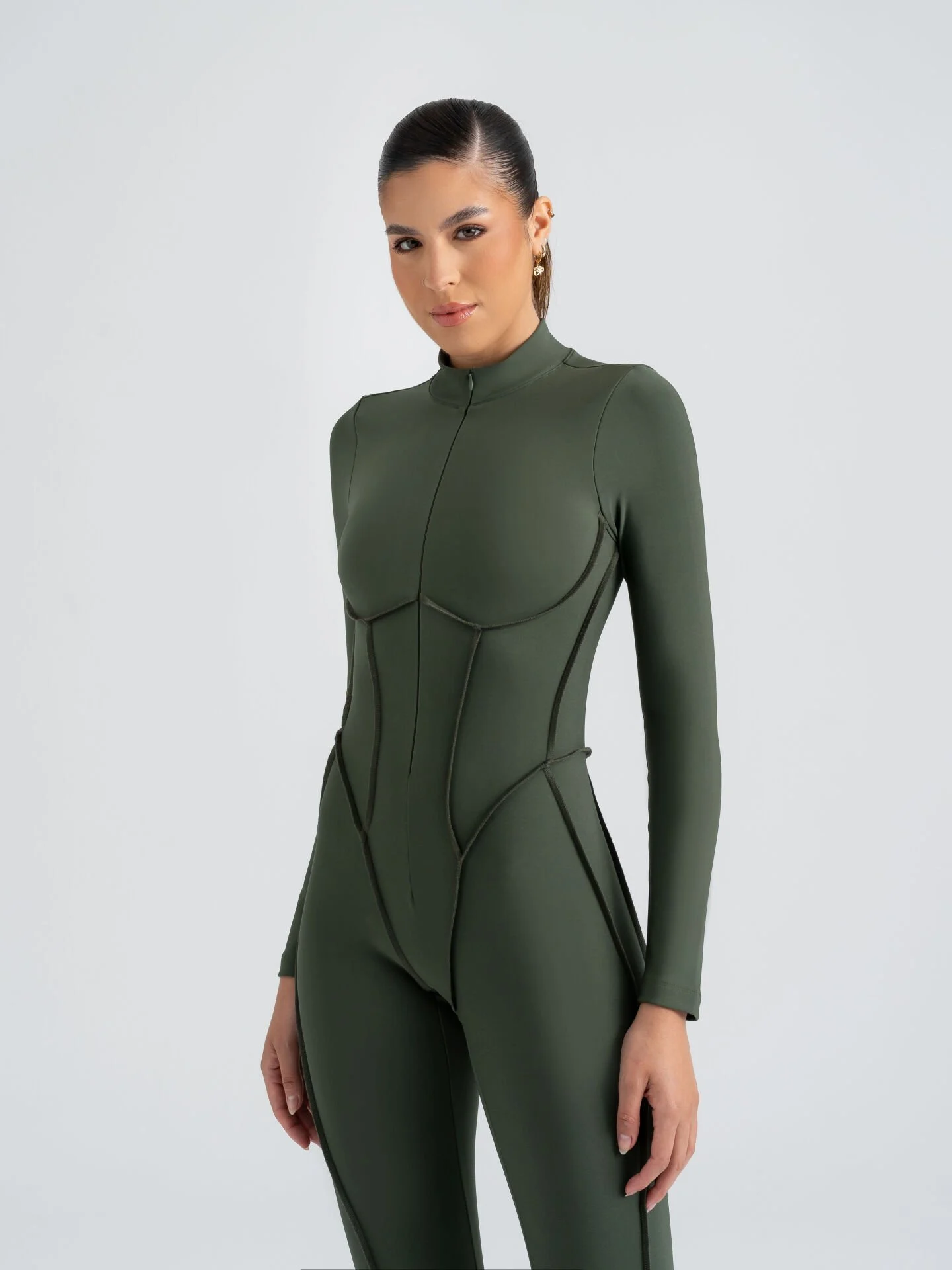 Dikişle Modellenmiş Spor Tayt Tulum Haki Yeşili