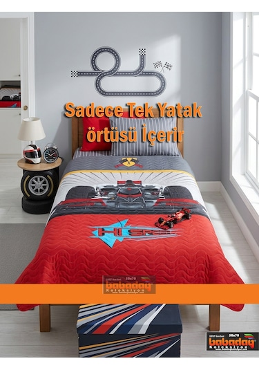 Kapitoneli Çocuk Araba Desenli Yatak Örtüsü Kırmızı - Gri