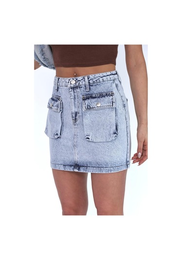 Zeo Basic Kargo Cepli Mini Skirt Mavi- Buz