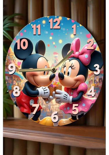 Mickey & Minnie Temalı Renkli Mdf Duvar Saati 3d Görünümlü, Sessiz Mekanizmalı, 2d Hd Baskı Sdw242 Renkli