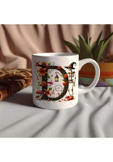 D Harfi Şapkalı İskelet Figürlü Ve Çiçekli Kupa Bardak - Cadılar Bayramı / Halloween Özel Hediye Beyaz