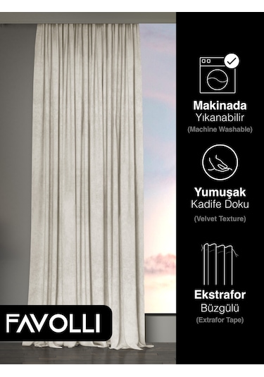 Br Favolli Kadife Dokulu Ekru Ada Fon Perde Ekstrafor Büzgülü Dream Series Ekru