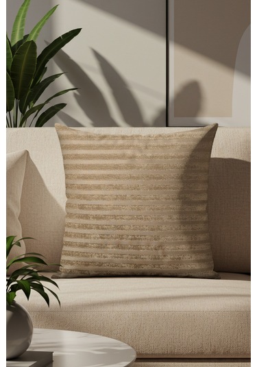 Sezyon Elya Çizgi Desenli 50 50 Açık Kahverengi Kırlent Kılıfı Açık Kahverengi