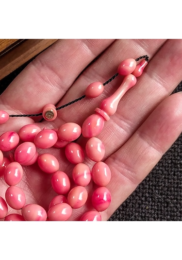İmzalı 8X11 mm Pembe Sıkma Kehribar Tesbih Usta İşçilikli