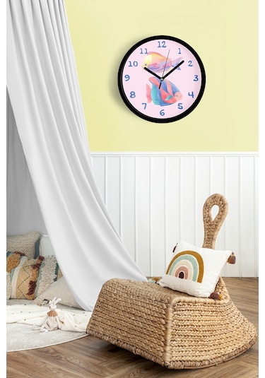 Renkli Balıklar Modern Duvar Saati - Çocuk Odası Duvar Saati - 25cm - Önü Camlı Siyah Kasa-jh0988 Siyah