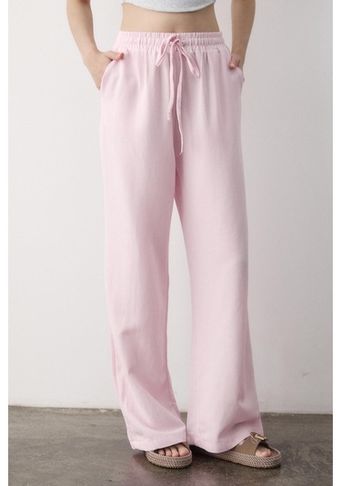 Pembe Beli Lastikli Bol Paça Pantolon Pembe