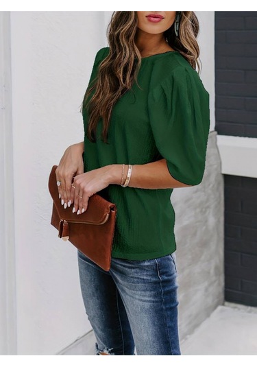Kadın Kısa Kollu Pileli Balın Kol Bürümcük Bluz Yeşil