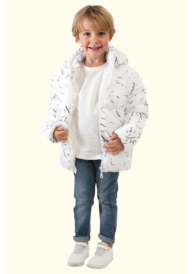 Erkek Çocuk Çıkabilir Kapüşonlu Su Ve Rüzgar Geçirmez Kışlık Şişme Mont & Kaban & Parka Beyaz