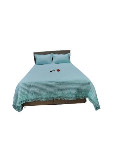 Yatak Örtüsü Zmrt Çift Kişilik Dantelli Açık Yeşil Pamuk Açık Yeşil