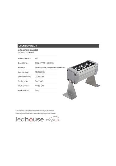 10 Cm Wallwasher 3 Led 3W Sıva Üstü Duvar Boyama Dış Mekan