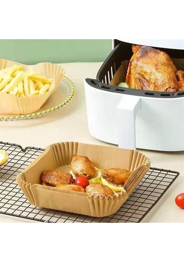 9072618519435drvs1 - 50 Adet Air Fryer Pişirme Kağıdı Tek Kullanımlık Hava Fritöz Yağ Geçirmez Yapışmaz Kare Tabak Model