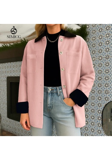 Sonbahar Ve Kış Renk Bloklu Tek Düğmeli Uzun Kollu Kadın Ceket Üstü Pembe