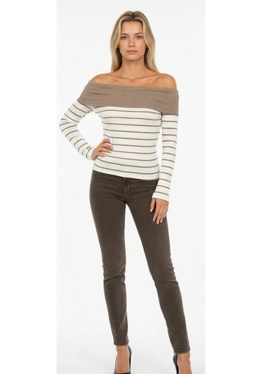 Biçomi Çizgili Madonna Yaka Kaşkorse Bluz Bej A844 Bej