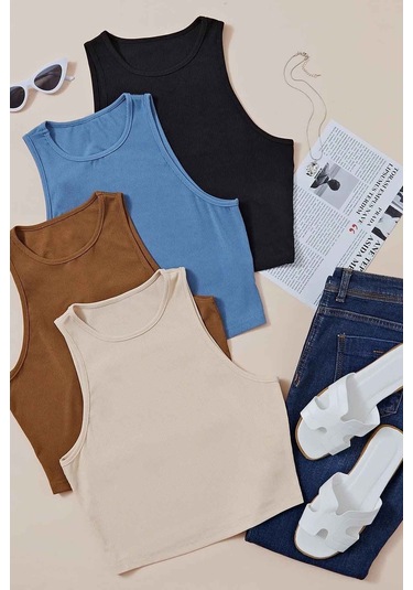 Merry See 4'lü Paket 4 Renk Takım Kadın Kolsuz Örme Kumaş Bluz Crop 001