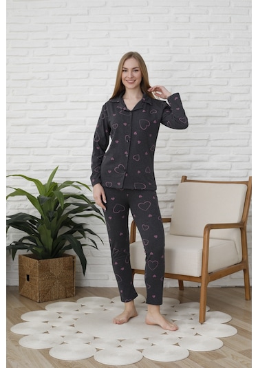 Fames Pijama Uzunkol Düğmeli Penye Pijama Takimi Kalpli Pembe